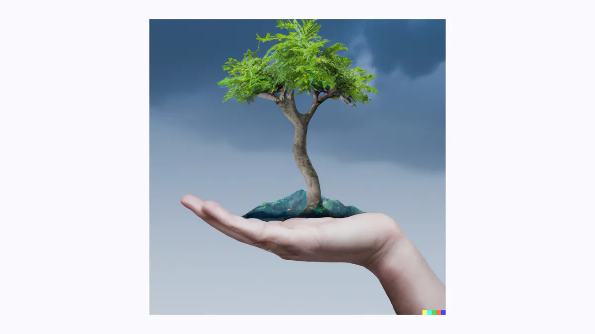Mano sosteniendo árbol. DALL-E2. Inteligencia artificial para ser más creativos.