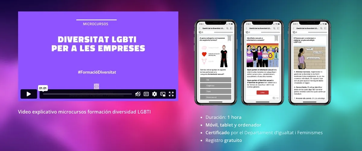 Concienciar de las ventajas y oportunidades de políticas LGBTi en las empresas, como por ejemplo, estos dos microcursos que desarollamos en colaboración con el Departament d'Igualtat i Feminismes y abiertos a todas las empresas de Catalunya.