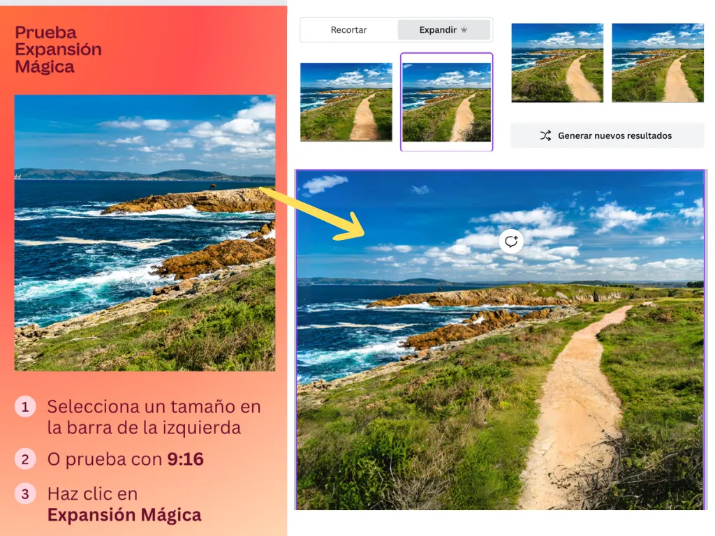 Muestra cuatro opciones que ilustran el resultado de ampliar una imagen de un paisaje con IA