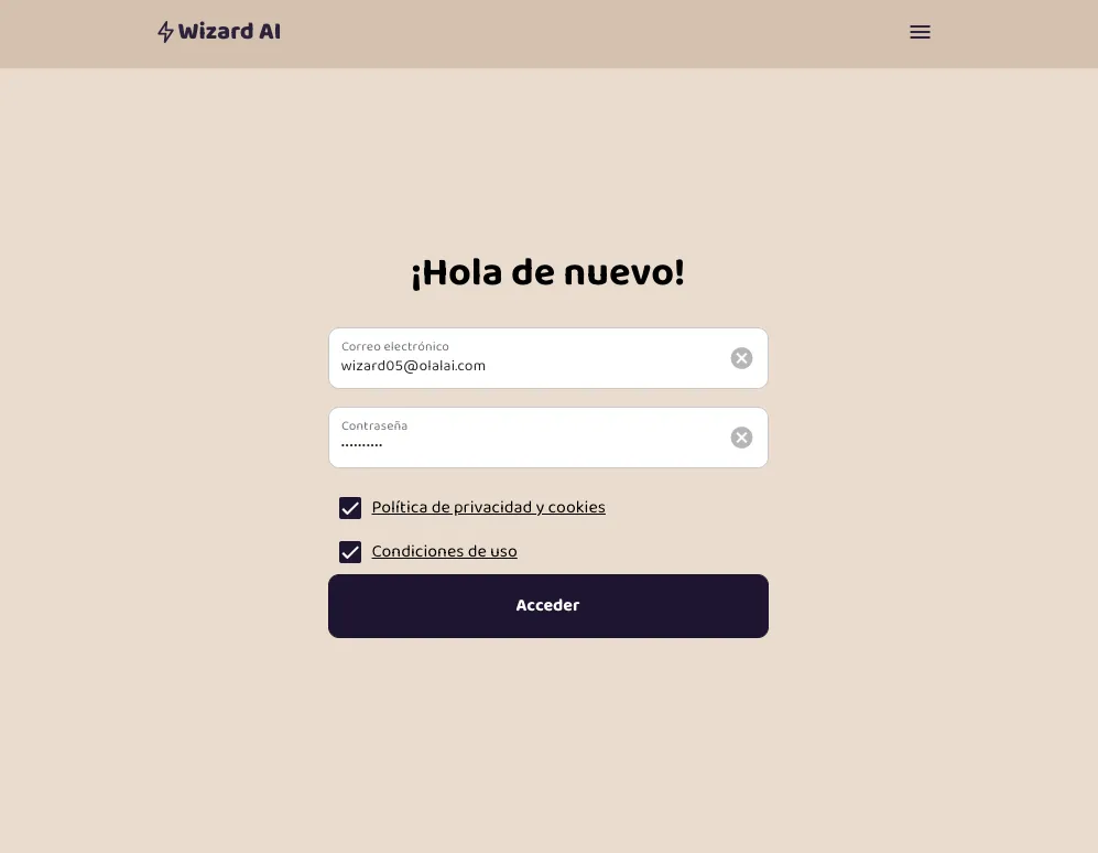 Pantalla de inicio de sesión en Wizard AI