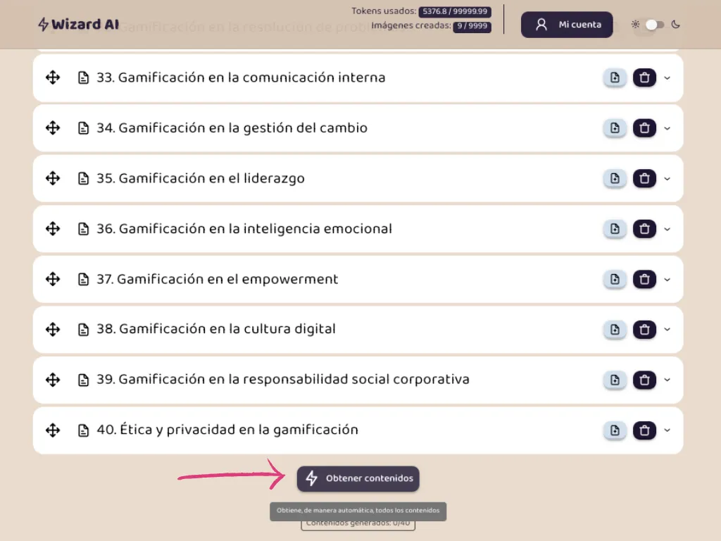 Botón para generar contenidos en Wizard AI
