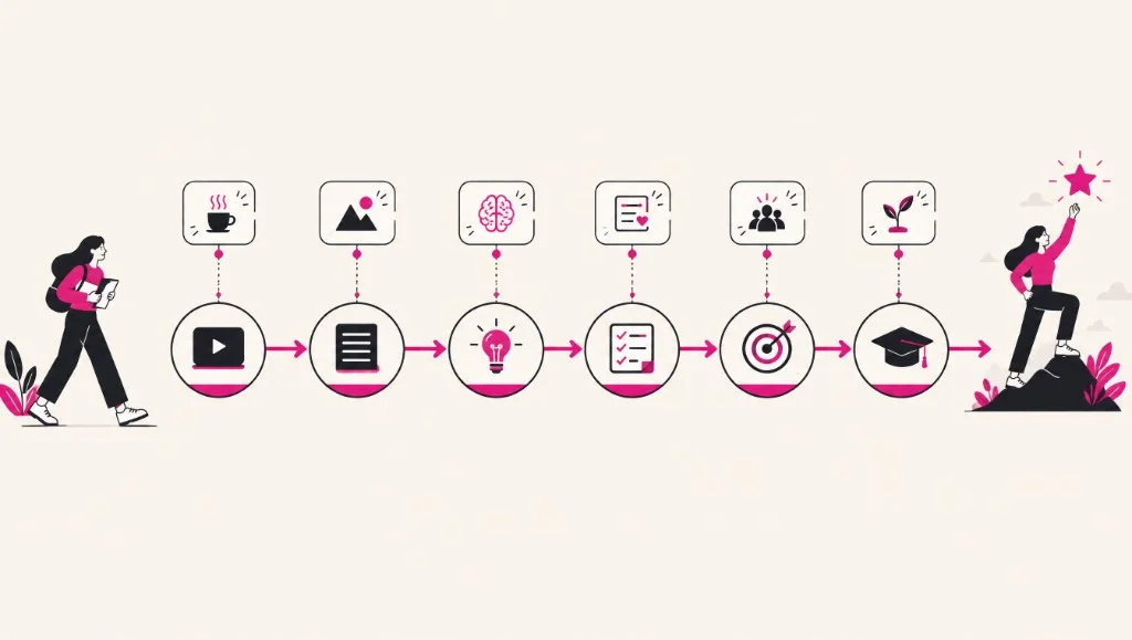 Ruta de aprendizaje en seis pasos, desde el punto de partida hasta la meta, con iconos de vídeo, lectura, idea, acción, objetivo y logro