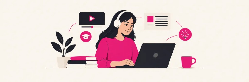 Persona con auriculares aprendiendo en el portátil, rodeada de iconos de vídeo, ideas y chat